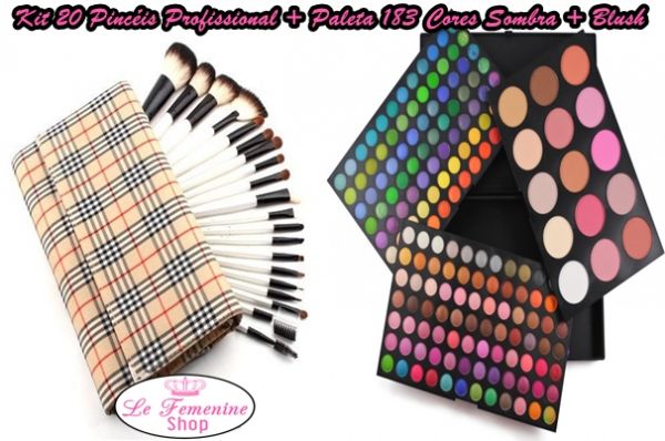 Kit 20 Pincéis Profissional + Paleta 183 Cores Sombra+ Blush
